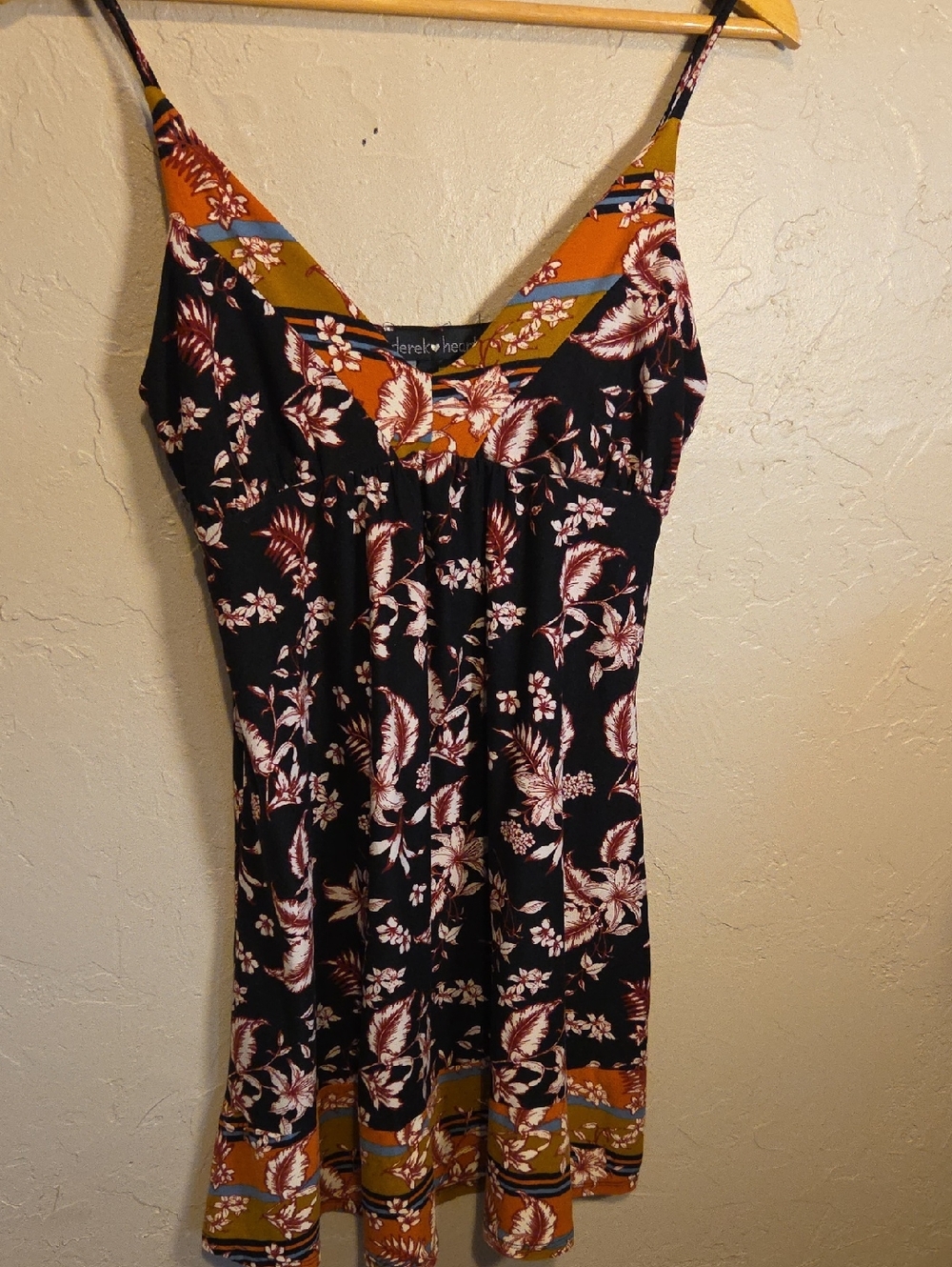 Derek Heart Black Floral Spaghetti-Strap Mini Dress with Mustard Trim Size Med